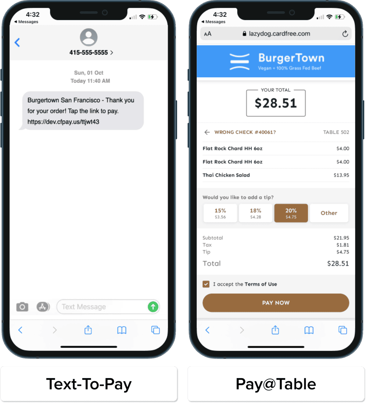CardFree text-to-pay and pay at table