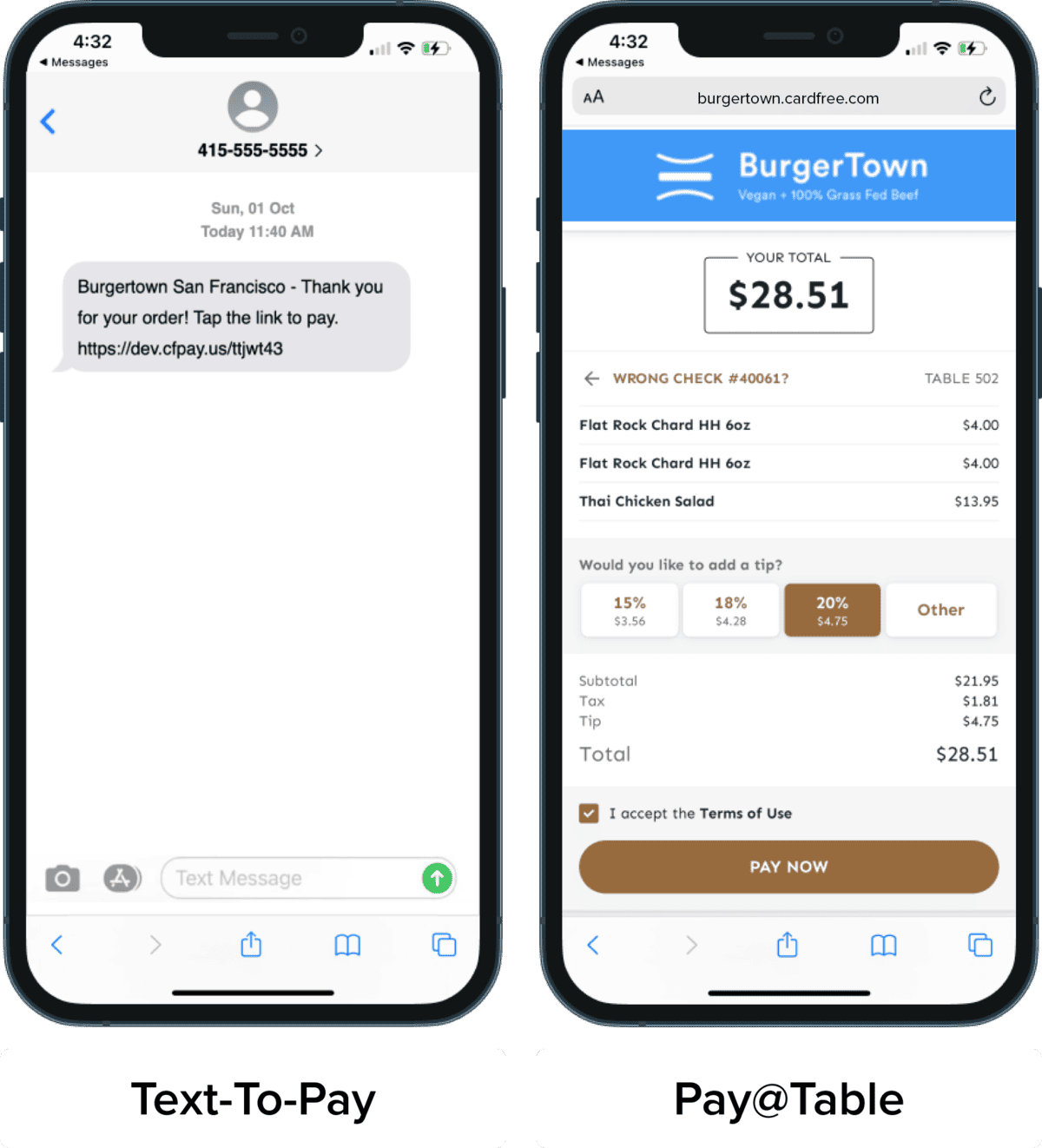 CardFree text-to-pay and pay at table